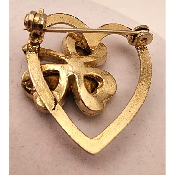 Vintage Heart & Clover Brooch With Rhinestones & Red Gems - Picture 3 of 5
